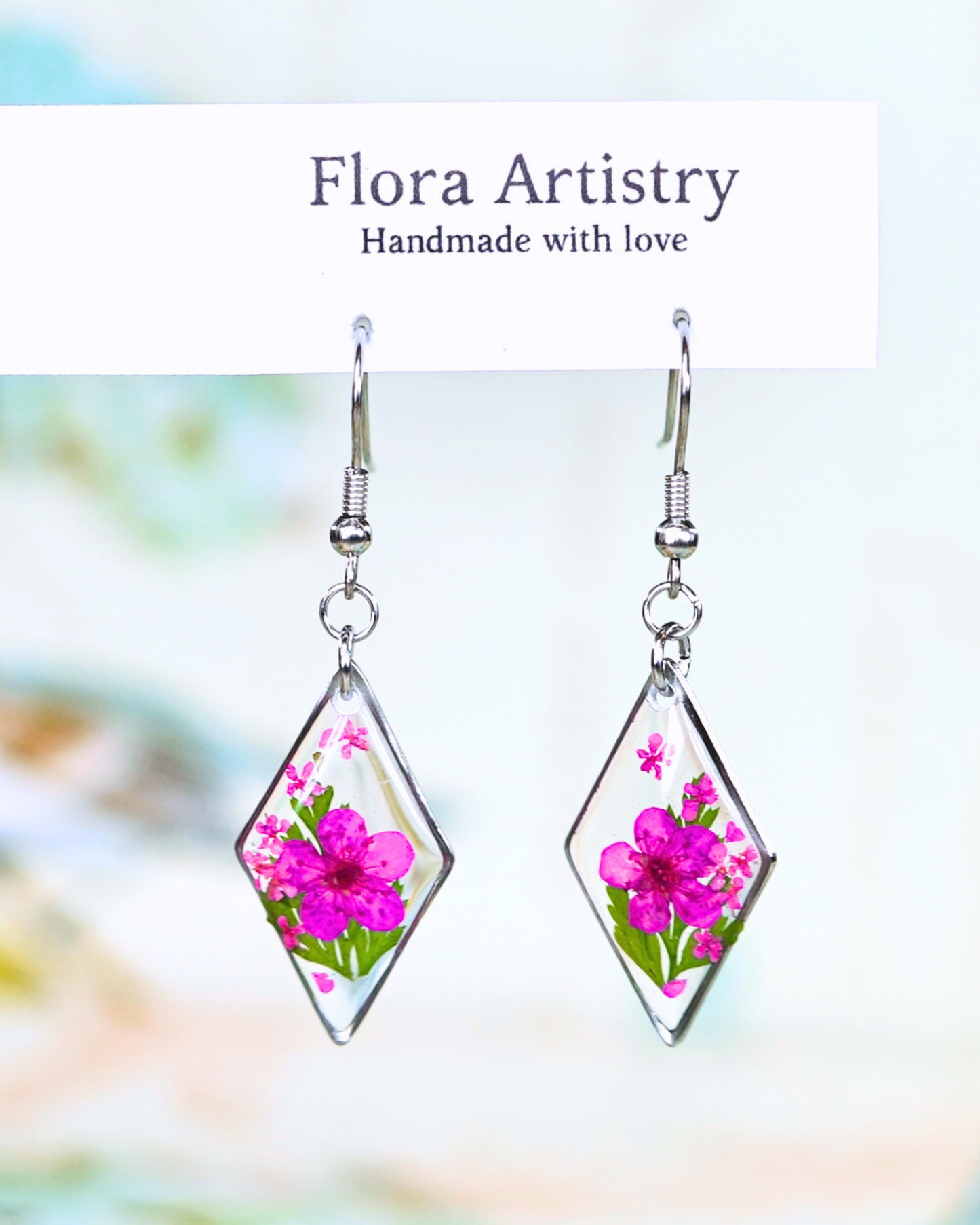 Hot Pink Flower Fern Diamond Dangle Earring
