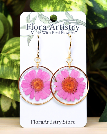 Pink Daisy Flower Circle Dangle Earrings