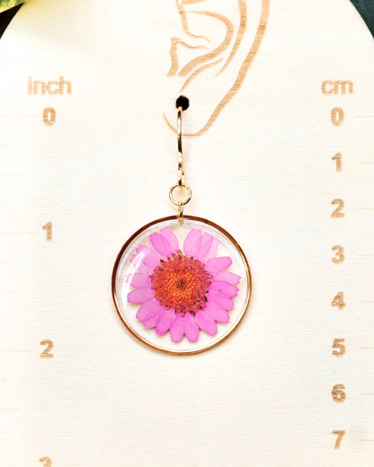 Pink Daisy Flower Circle Dangle Earrings