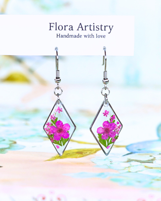 Hot Pink Flower Fern Diamond Dangle Earring